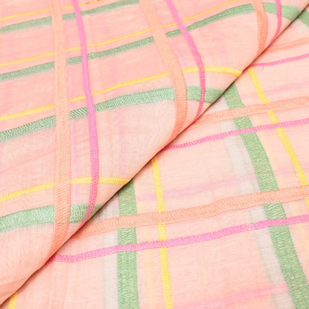 Peach Color Mul Chanderi Thread Embroidery Fabric – Soft Lightweight Designer Fabric-V2189C-1