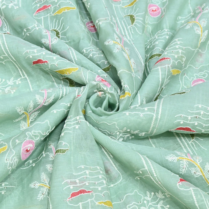 Sea Blue Mul Chanderi Fabric with allover Sequins Thread Embroidery