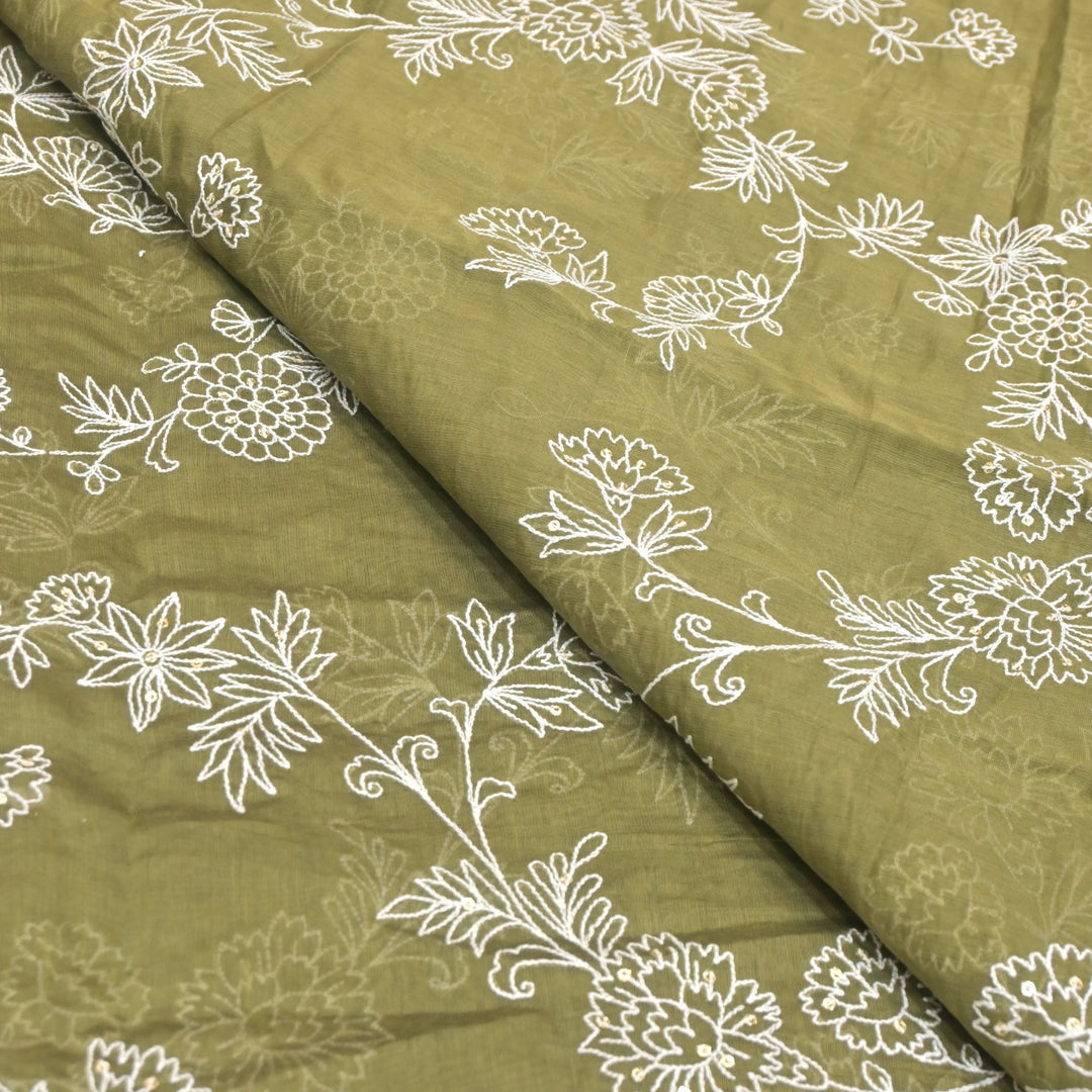 Cotton Chanderi Thread With Sequins Embroidery Fabric