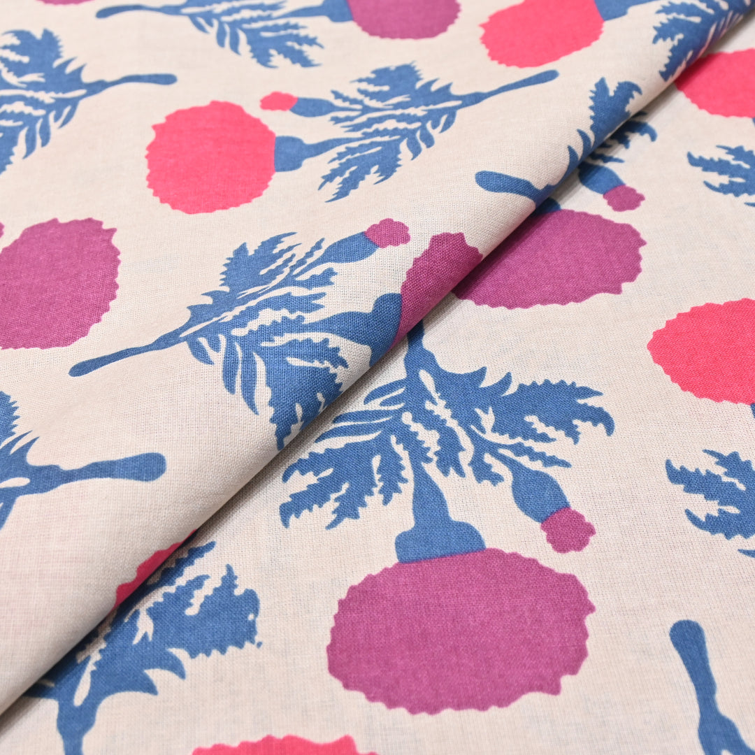 White Cotton Linen In Magenta Floral Print