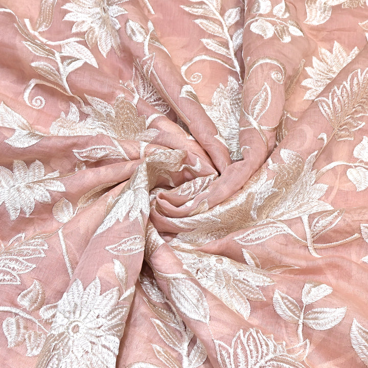 Blush Pink Color Mul Chanderi Thread Embroidery Fabric – Soft Summer Designer Fabric-CD2116-2