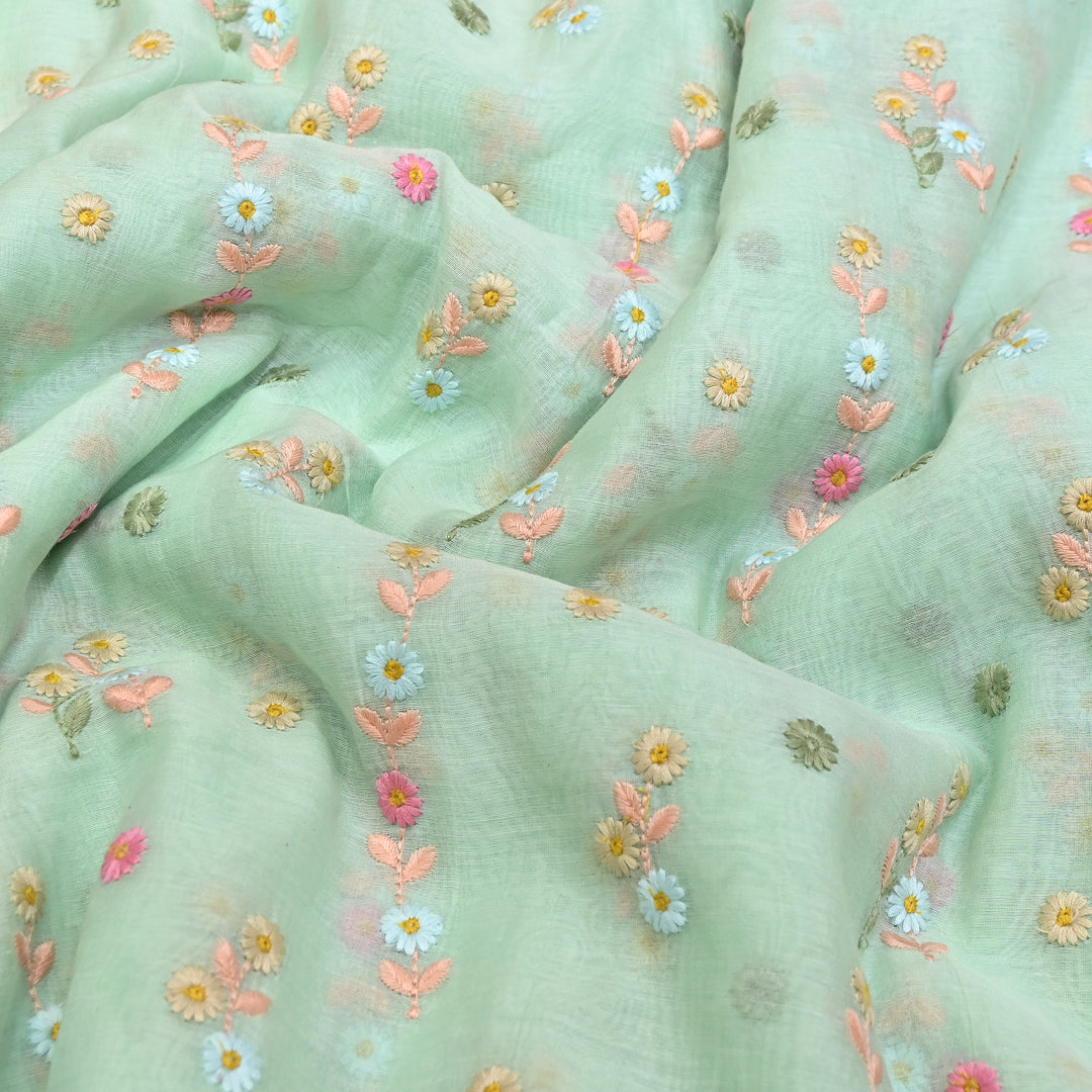 Mint Green Color Mul Chanderi Thread Embroidery Fabric – Soft Lightweight Designer Fabric- GP4209-3