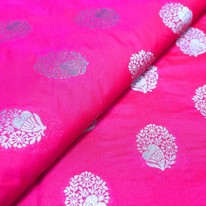 Neon Pink Color Katan Silk Zari Buti Brocade Fabric