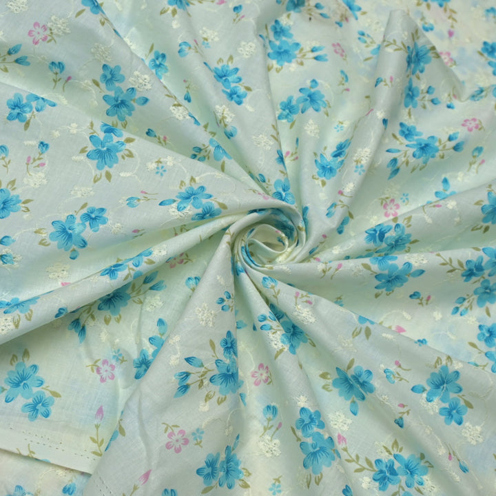 Floral Digital Print Cotton Chikan Embroidery Fabrics