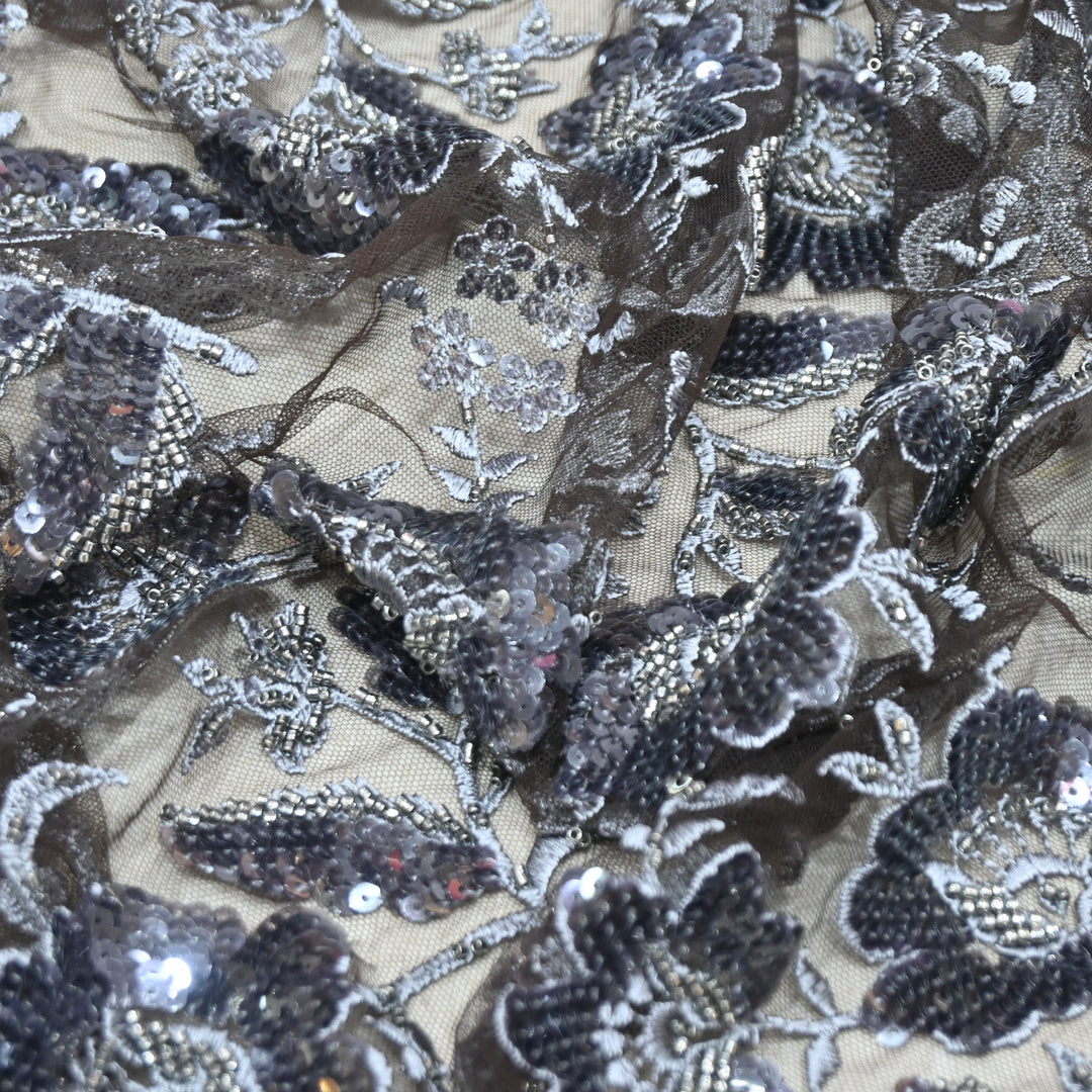 Imported Net Fabric with 3D Floral & Cut Dana Sequins Embroidery – Premium Party Wear Fabric-DY03174-1C