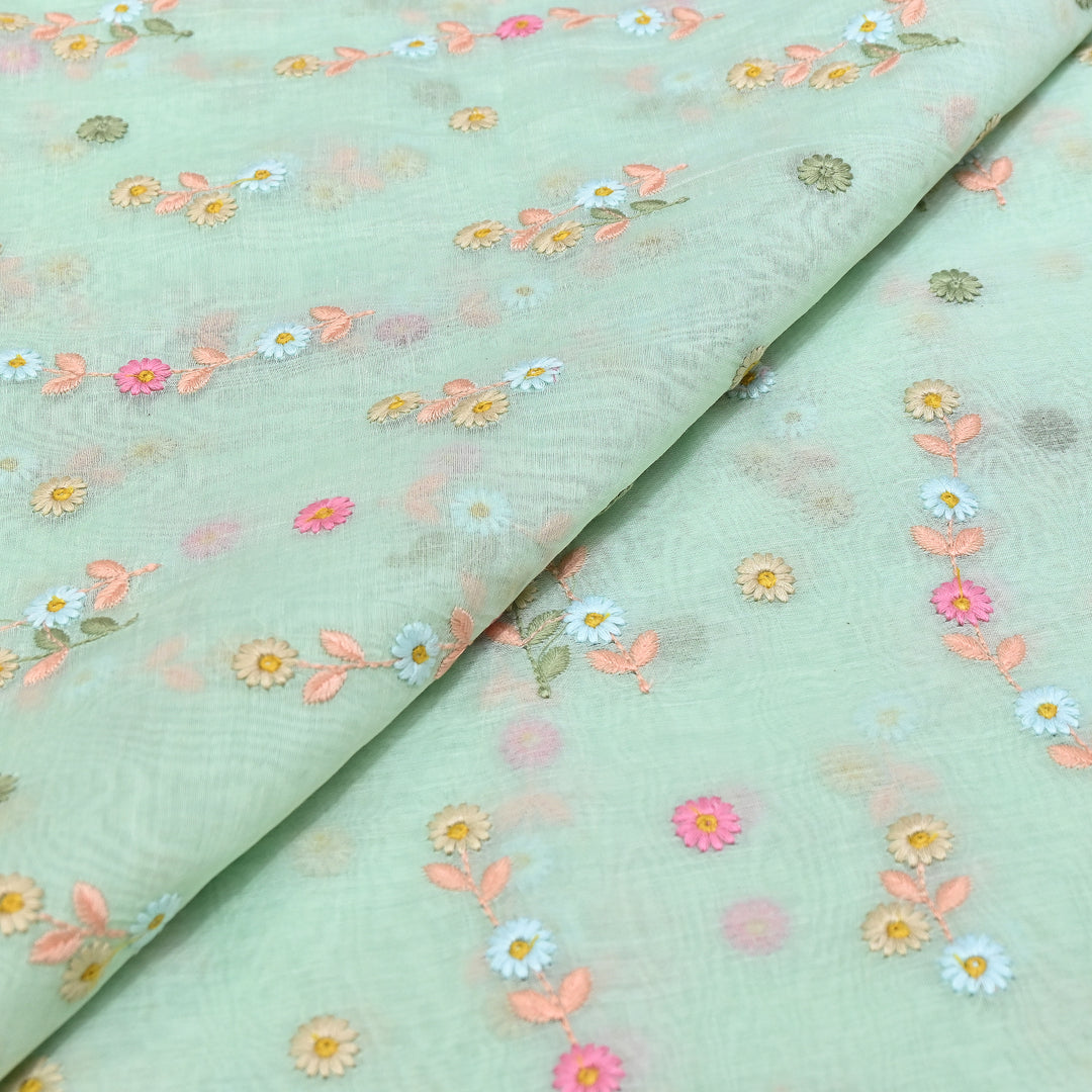 Mint Green Color Mul Chanderi Thread Embroidery Fabric – Soft Lightweight Designer Fabric- GP4209-3