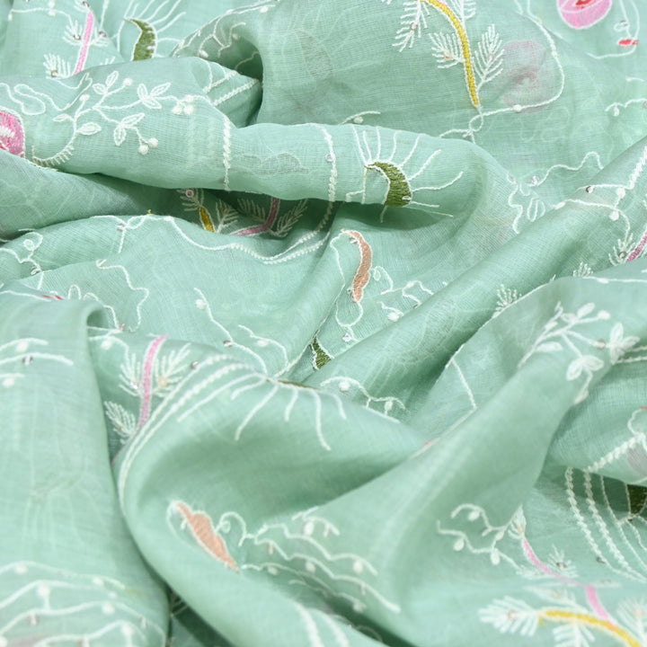 Sea Blue Mul Chanderi Fabric with allover Sequins Thread Embroidery