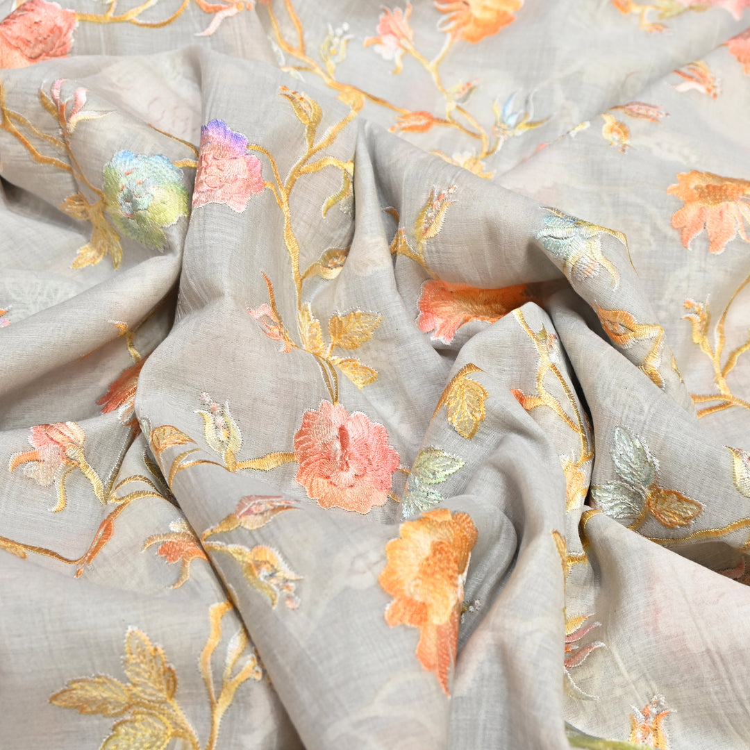 Mul Chanderi Thread Embroidery Fabric – Lightweight Elegant Designer Fabric- V2366C-02