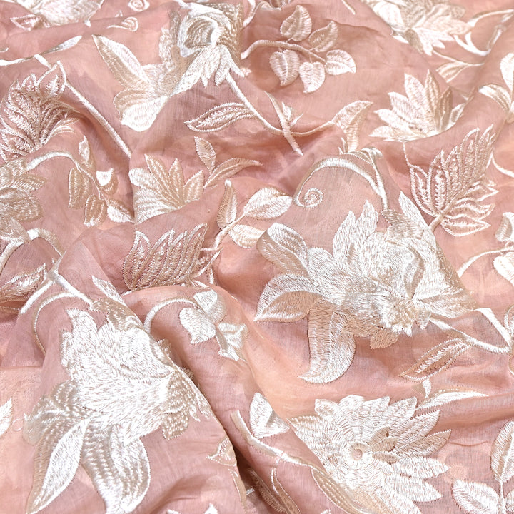 Blush Pink Color Mul Chanderi Thread Embroidery Fabric – Soft Summer Designer Fabric-CD2116-2