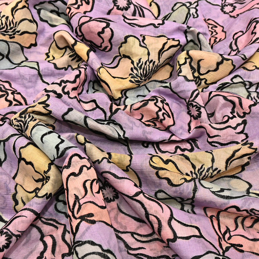 Mul Chanderi Position Print With Thread Embroidery Fabric – Designer Summer Fabric V2290C-2