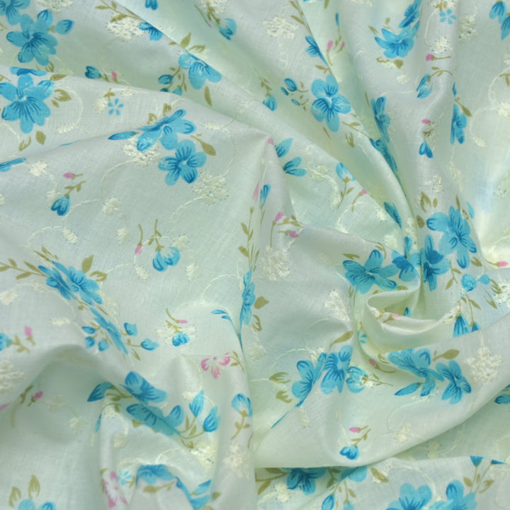 Floral Digital Print Cotton Chikan Embroidery Fabrics