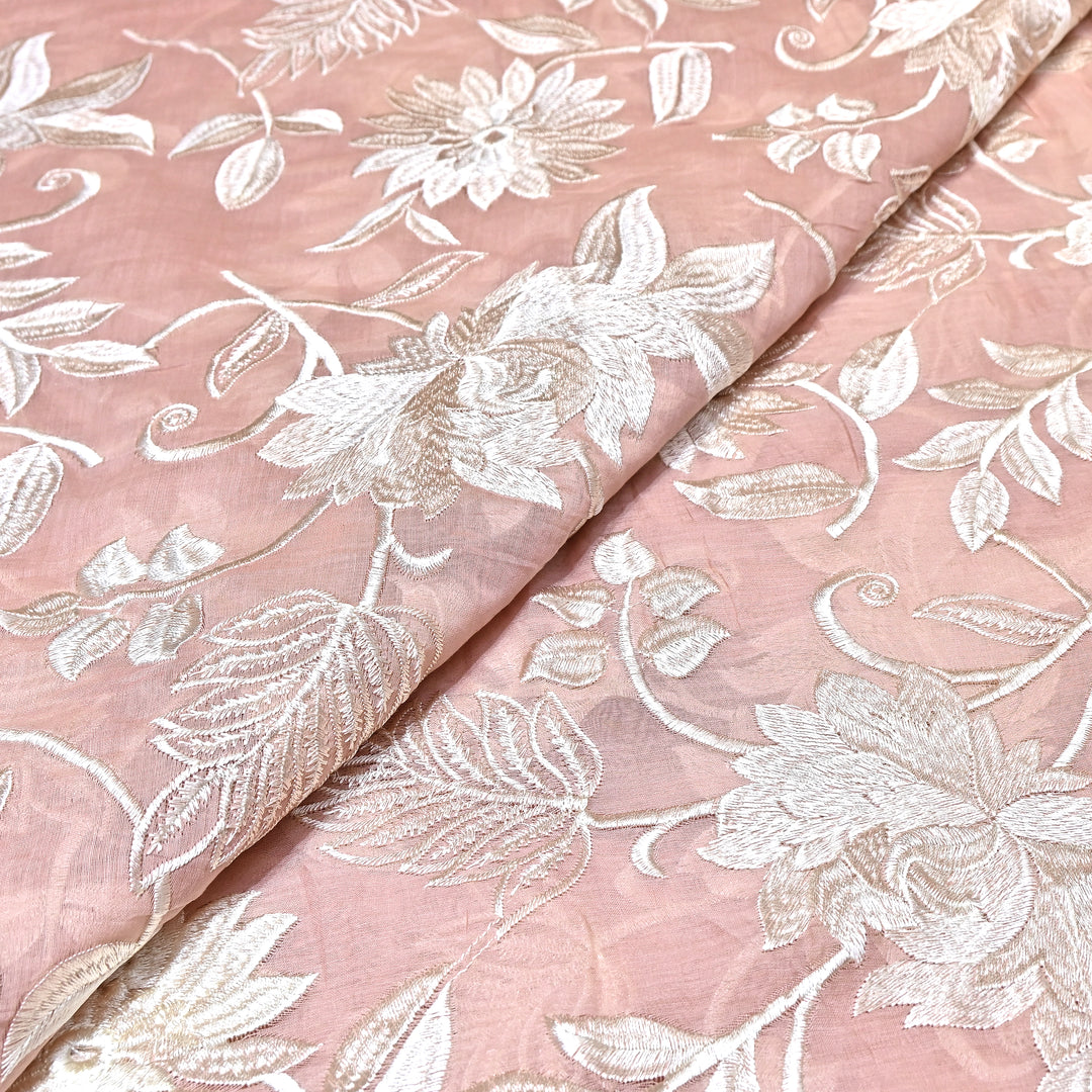 Blush Pink Color Mul Chanderi Thread Embroidery Fabric – Soft Summer Designer Fabric-CD2116-2