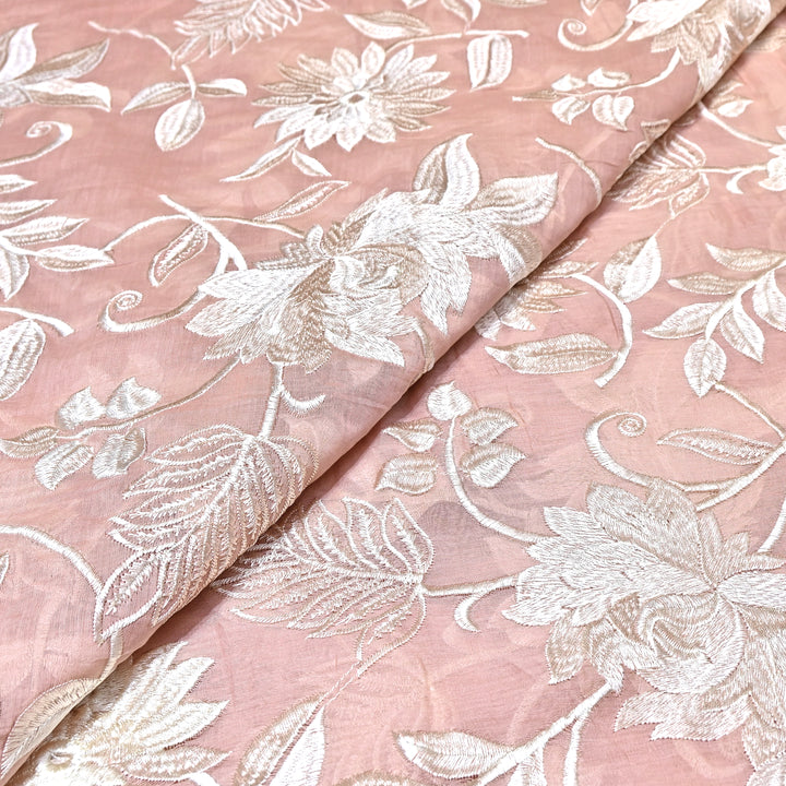 Blush Pink Color Mul Chanderi Thread Embroidery Fabric – Soft Summer Designer Fabric-CD2116-2