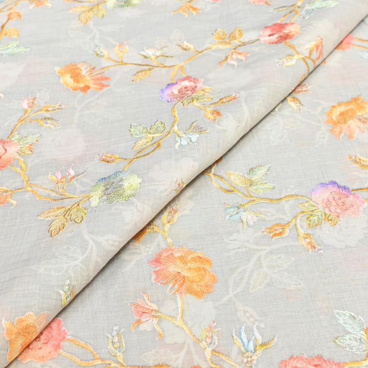Mul Chanderi Thread Embroidery Fabric – Lightweight Elegant Designer Fabric- V2366C-02