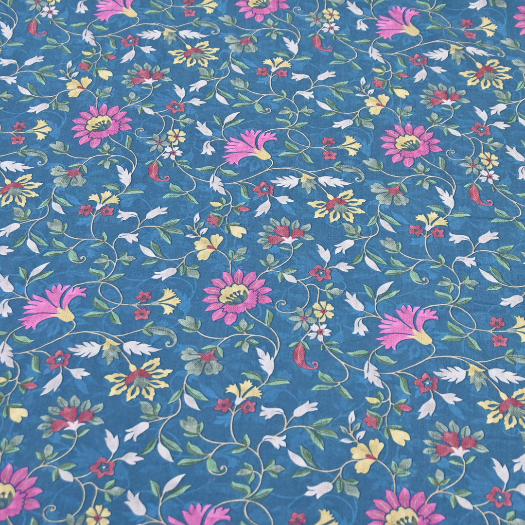 Teal Blue Omura Cotton Floral Vine Print