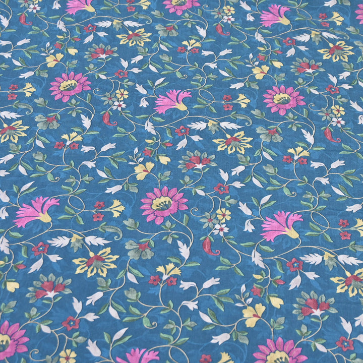 Teal Blue Omura Cotton Floral Vine Print