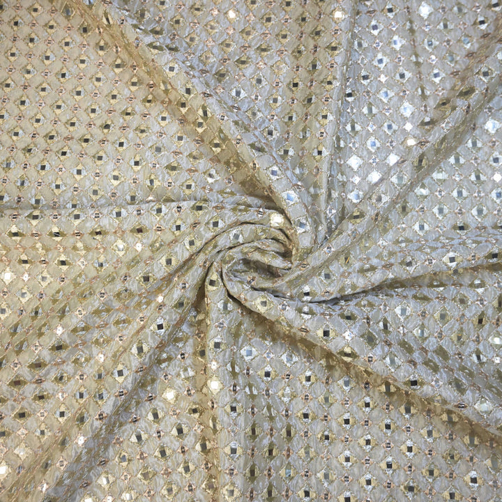 Soft Cream Dyeable Tissue Fabric with allover Zari & Faux Mirrorwork Embroidery