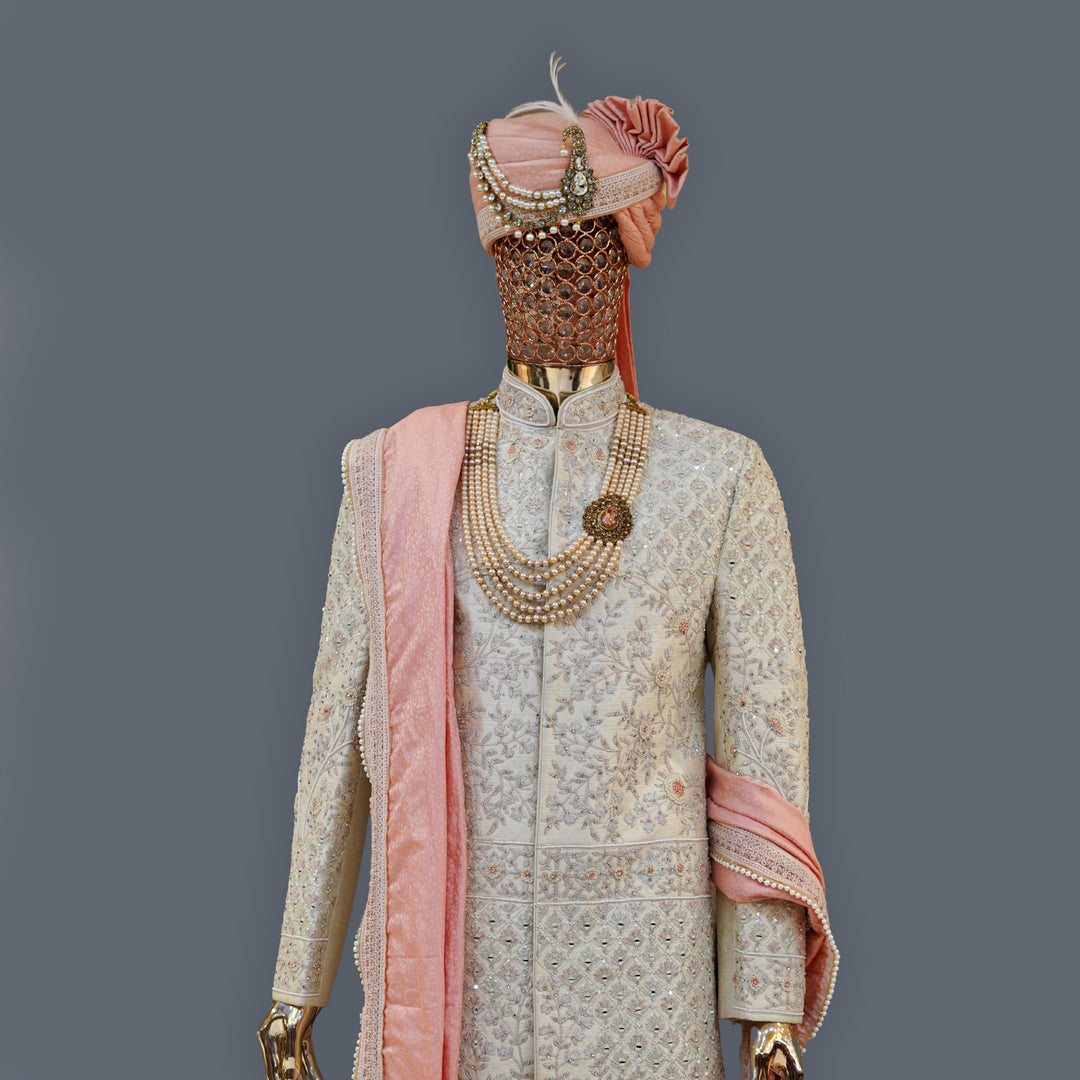 Ivory Raw Silk Sherwani with allover Cutdana Handwork Embroidery