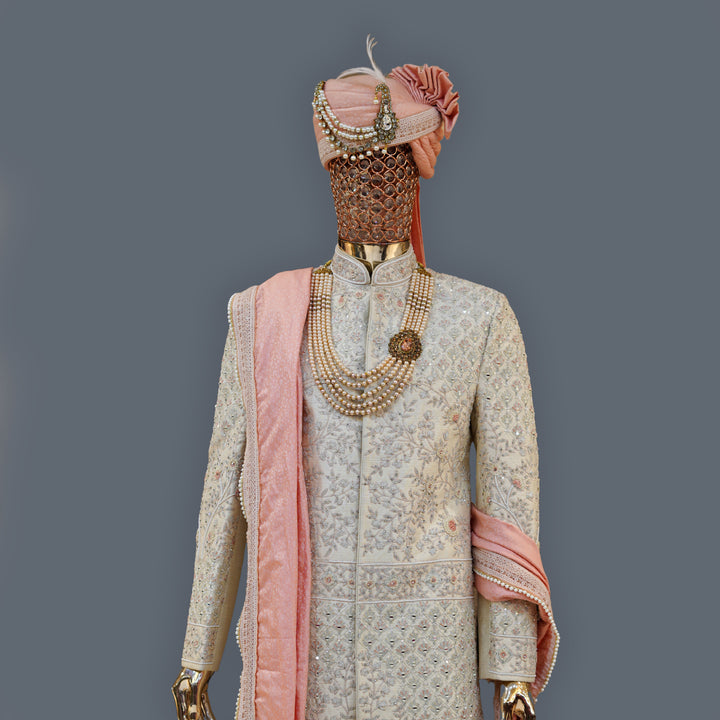 Ivory Raw Silk Sherwani with allover Cutdana Handwork Embroidery