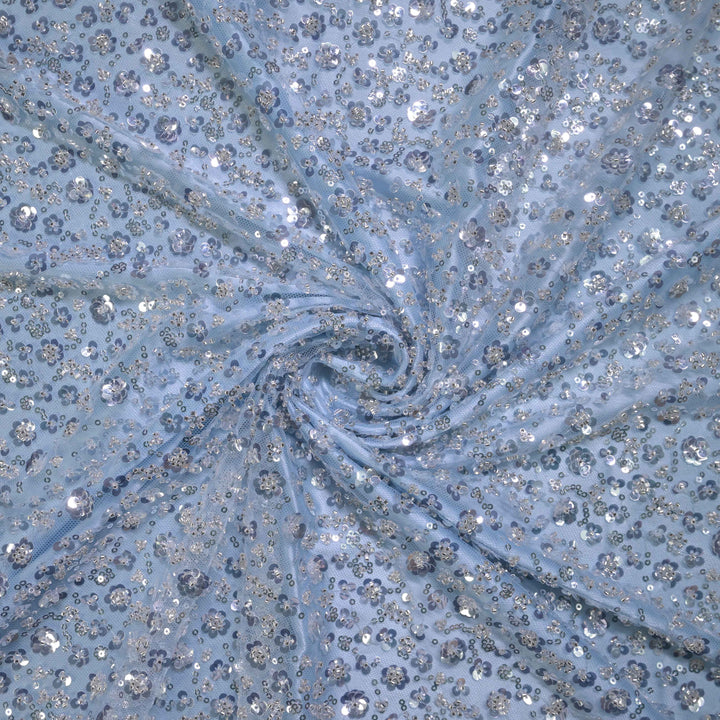 Designer powder blue Net Embroidery Fabric with water Sequins Embroidery.