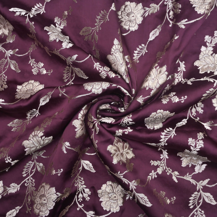 Maroon Satin Brocade with allover Floral Embroidery