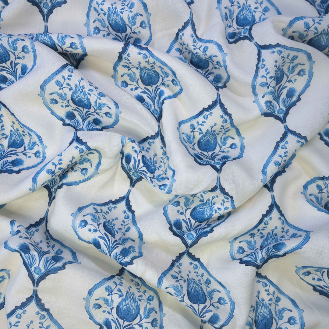 Indigo Blue Floral Buta Printed Pure Linen Fabric