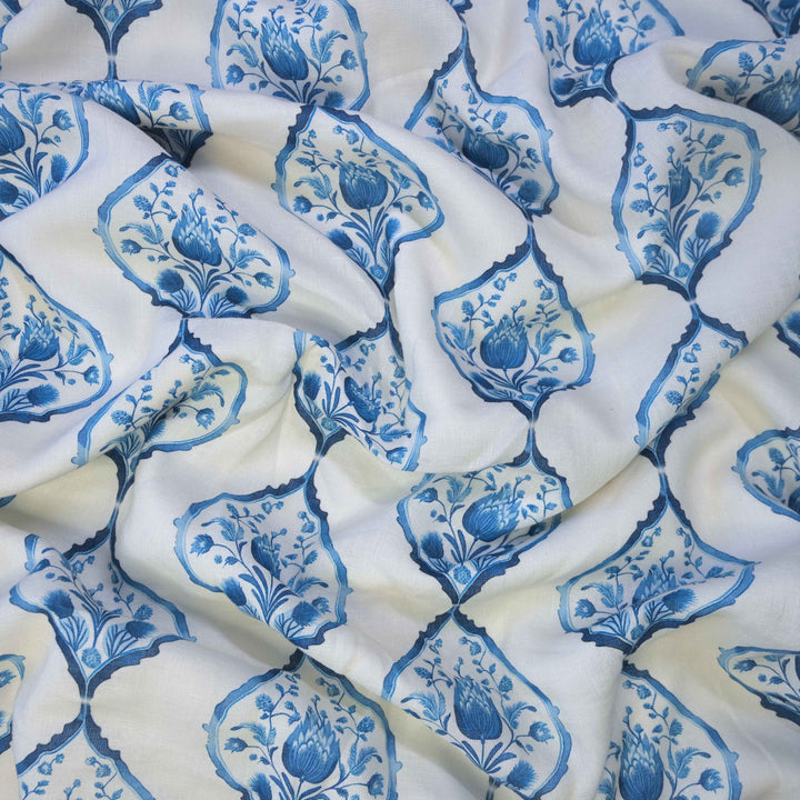Indigo Blue Floral Buta Printed Pure Linen Fabric