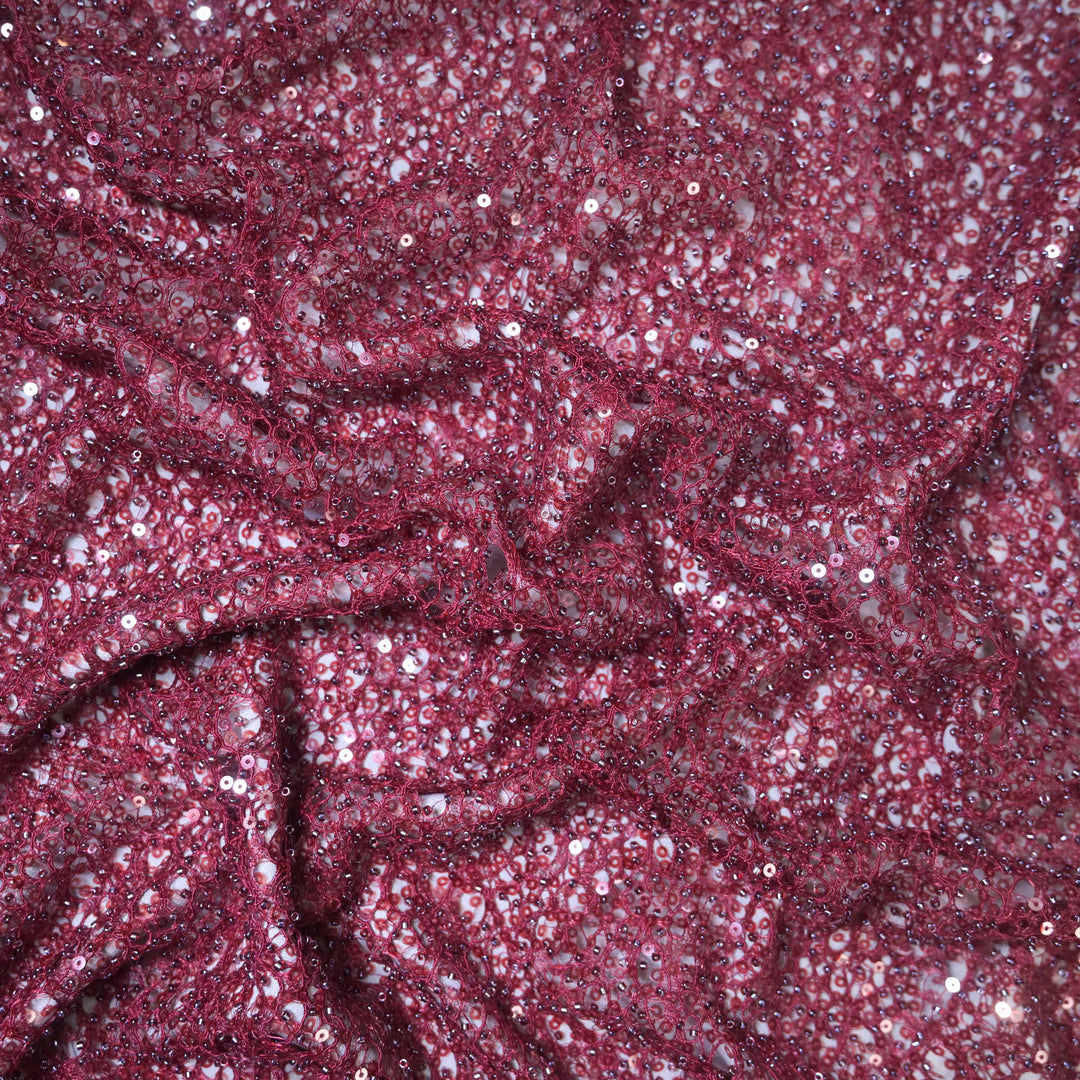 Wine Red Imported Net Fabric with allover Sequins