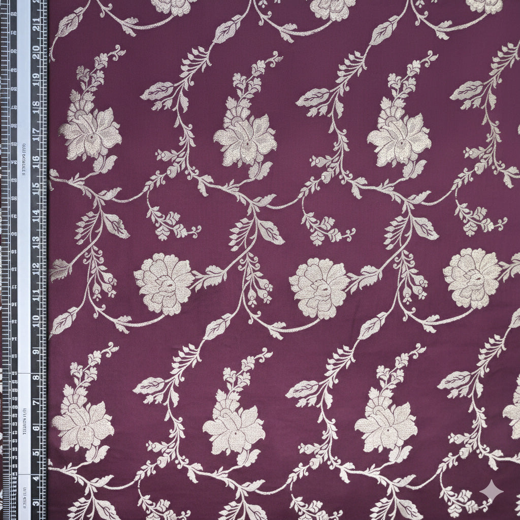 Maroon Satin Brocade with allover Floral Embroidery
