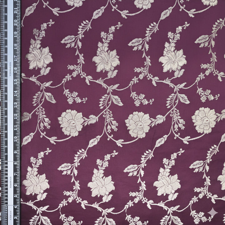 Maroon Satin Brocade with allover Floral Embroidery