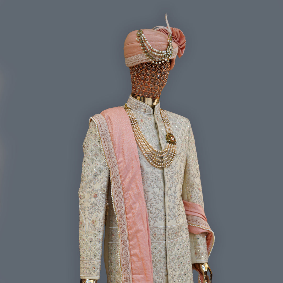 Ivory Raw Silk Sherwani with allover Cutdana Handwork Embroidery