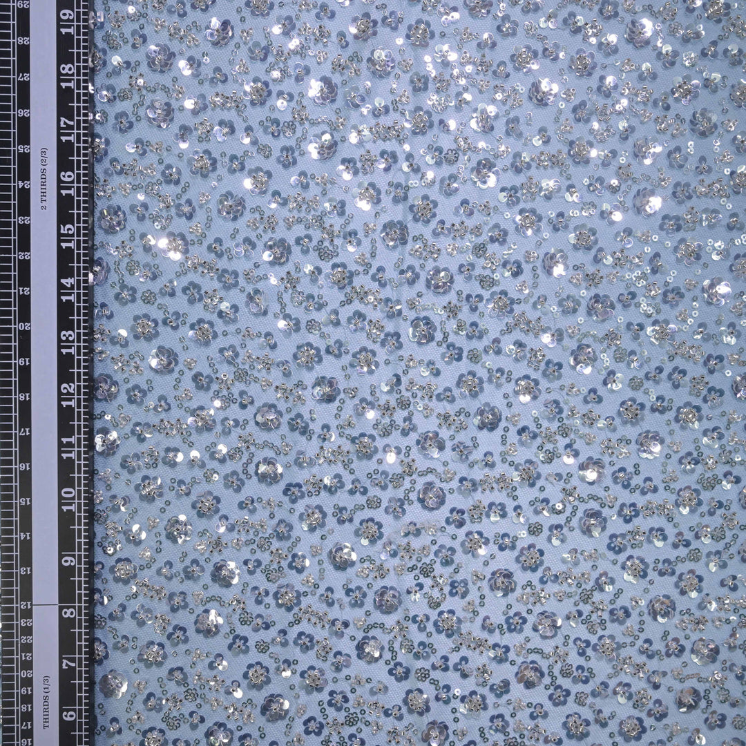 Designer powder blue Net Embroidery Fabric with water Sequins Embroidery.