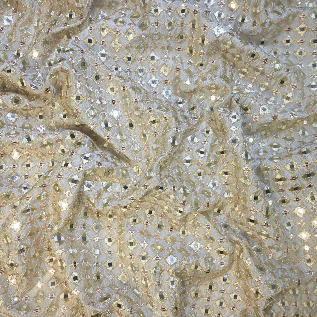 Soft Cream Dyeable Tissue Fabric with allover Zari & Faux Mirrorwork Embroidery