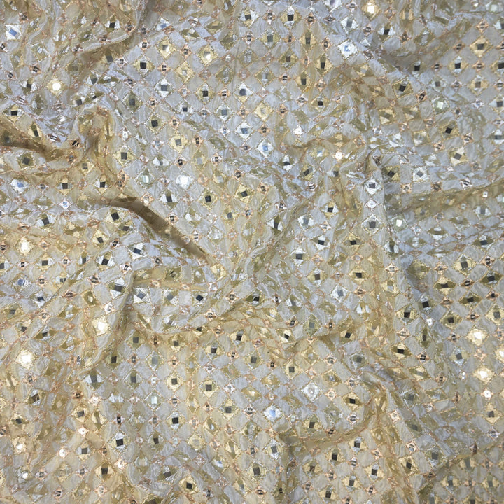 Soft Cream Dyeable Tissue Fabric with allover Zari & Faux Mirrorwork Embroidery