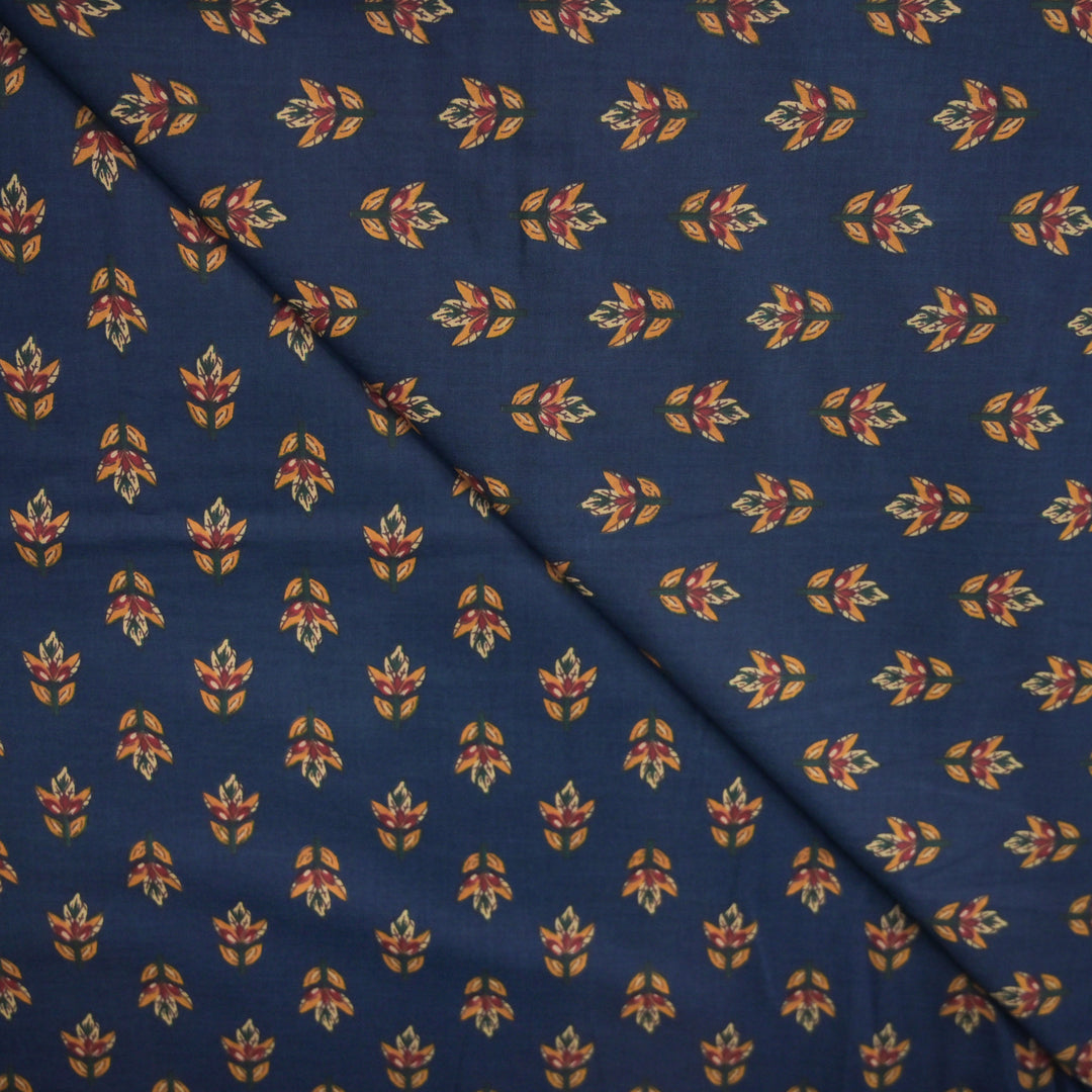 Blue Cotton Fabric with allover Leaf Butti Print