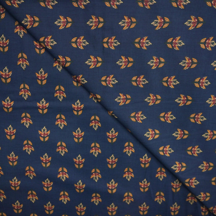 Blue Cotton Fabric with allover Leaf Butti Print