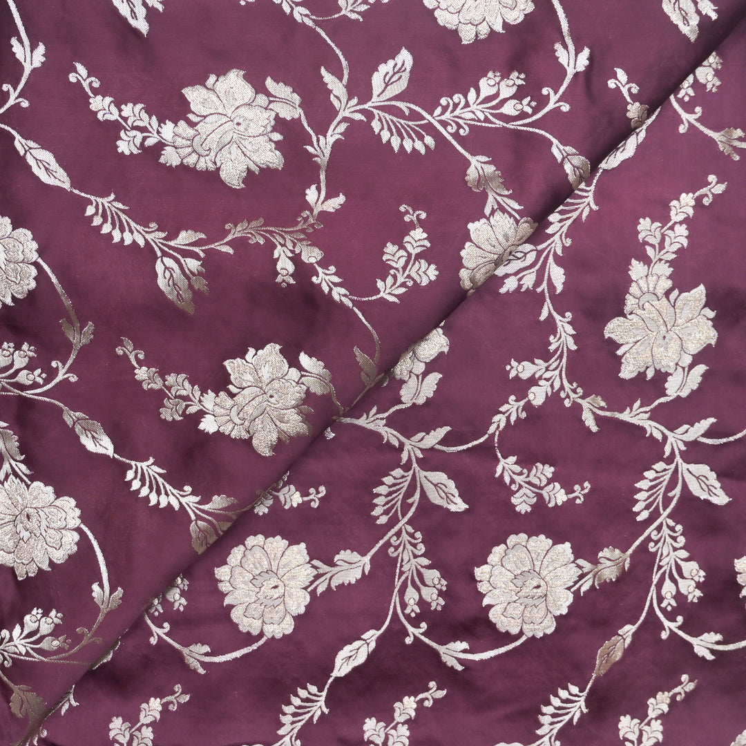 Maroon Satin Brocade with allover Floral Embroidery