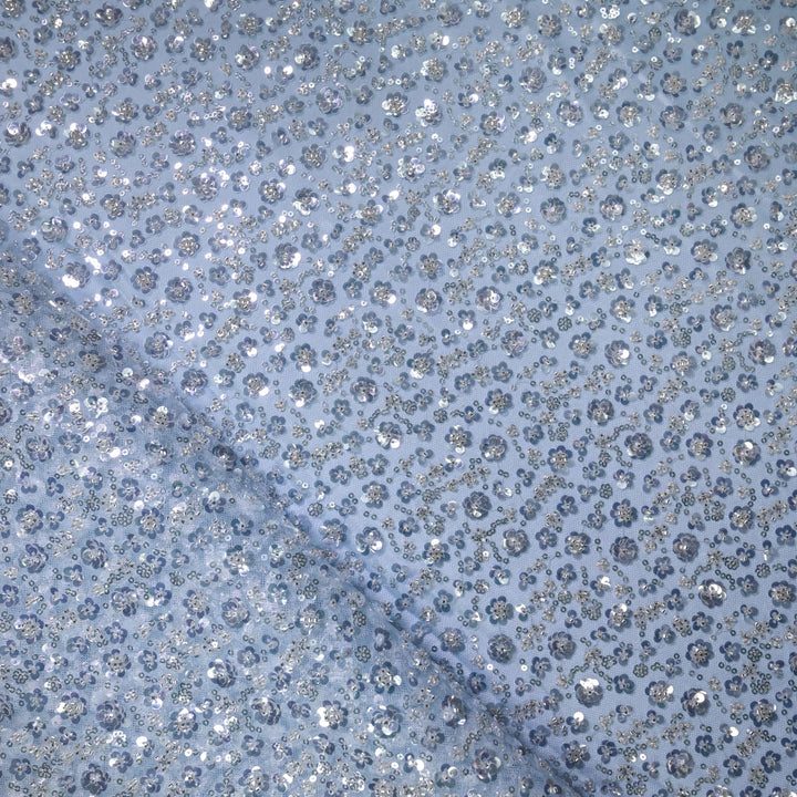 Designer powder blue Net Embroidery Fabric with water Sequins Embroidery.