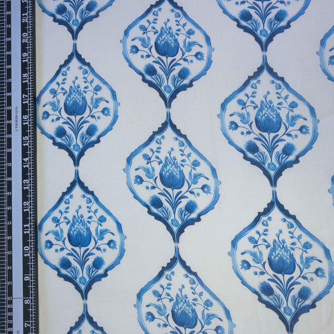 Indigo Blue Floral Buta Printed Pure Linen Fabric