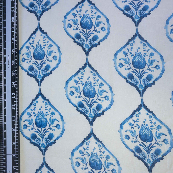 Indigo Blue Floral Buta Printed Pure Linen Fabric