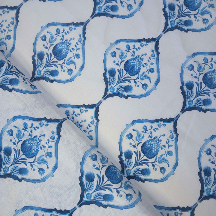 Indigo Blue Floral Buta Printed Pure Linen Fabric