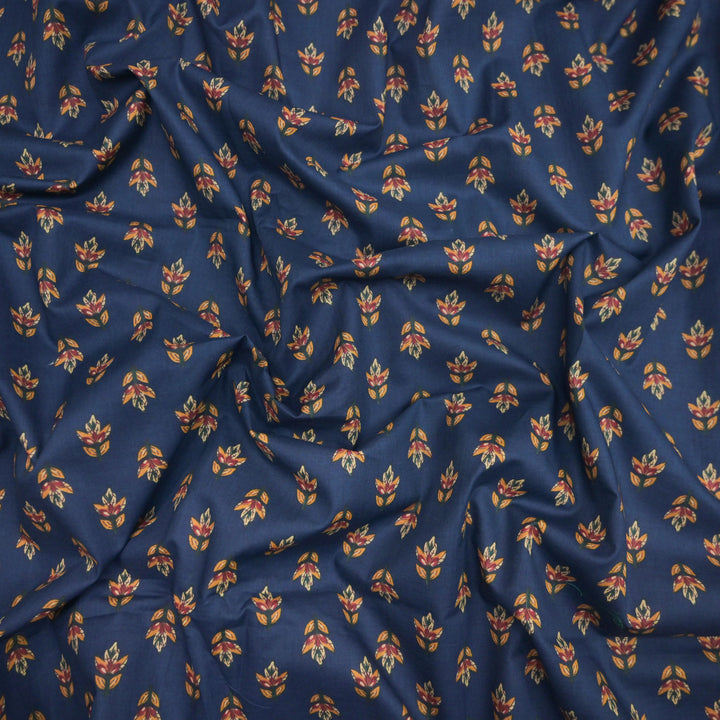 Blue Cotton Fabric with allover Leaf Butti Print