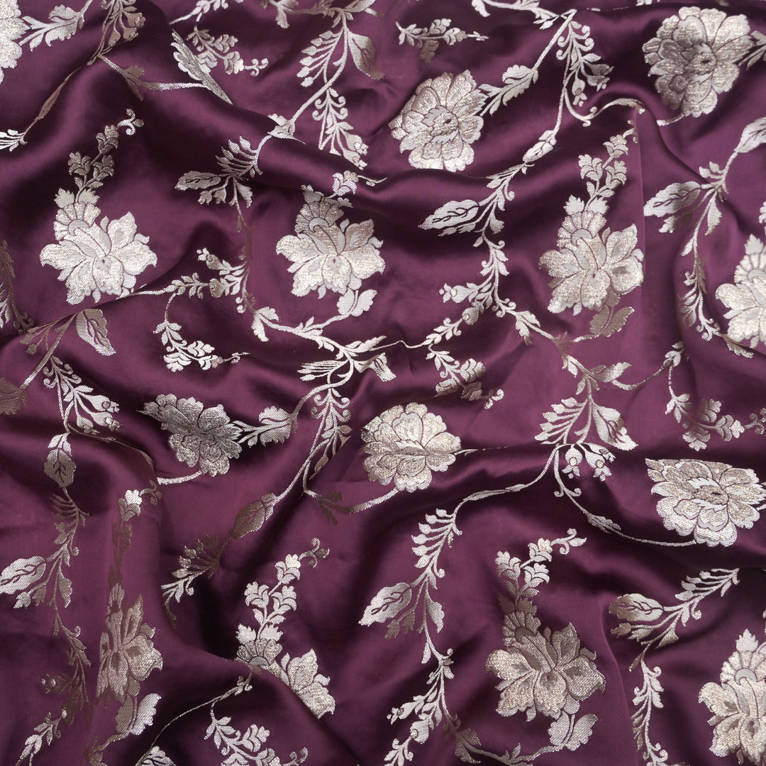 Maroon Satin Brocade with allover Floral Embroidery