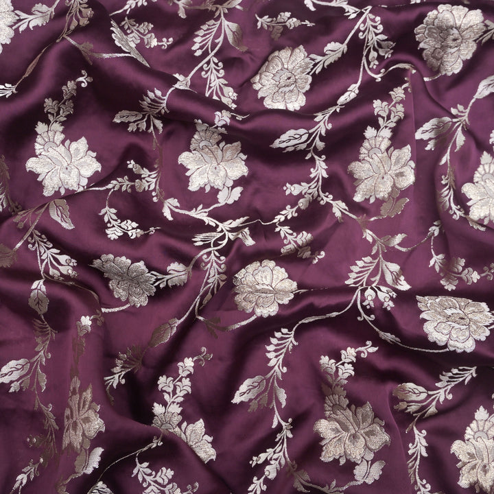 Maroon Satin Brocade with allover Floral Embroidery