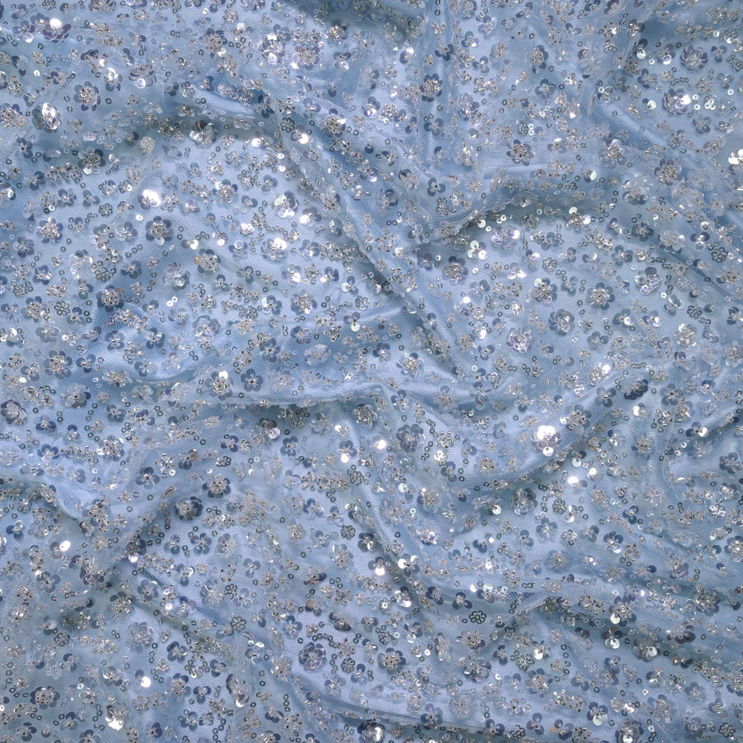 Designer powder blue Net Embroidery Fabric with water Sequins Embroidery.