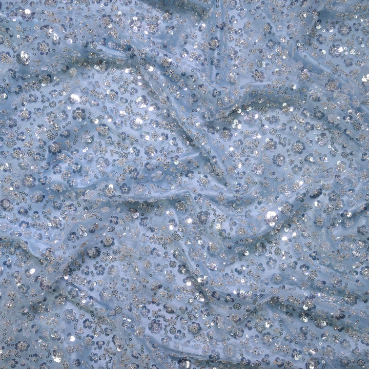 Designer powder blue Net Embroidery Fabric with water Sequins Embroidery.