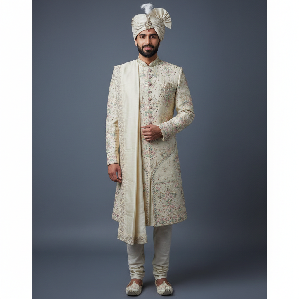 Baby Pink Wedding Sherwani in allover Sequins & Threadwork Embroidery | Luxury Wedding & Groom Wear