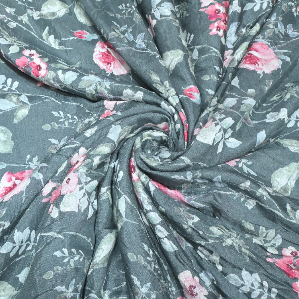 Steel Grey Color Muslin Digital Print Fabrics