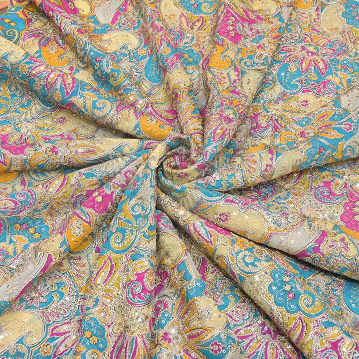 Viscose Georgette  Position Prints, Zari Sequin Embroidery Fabrics