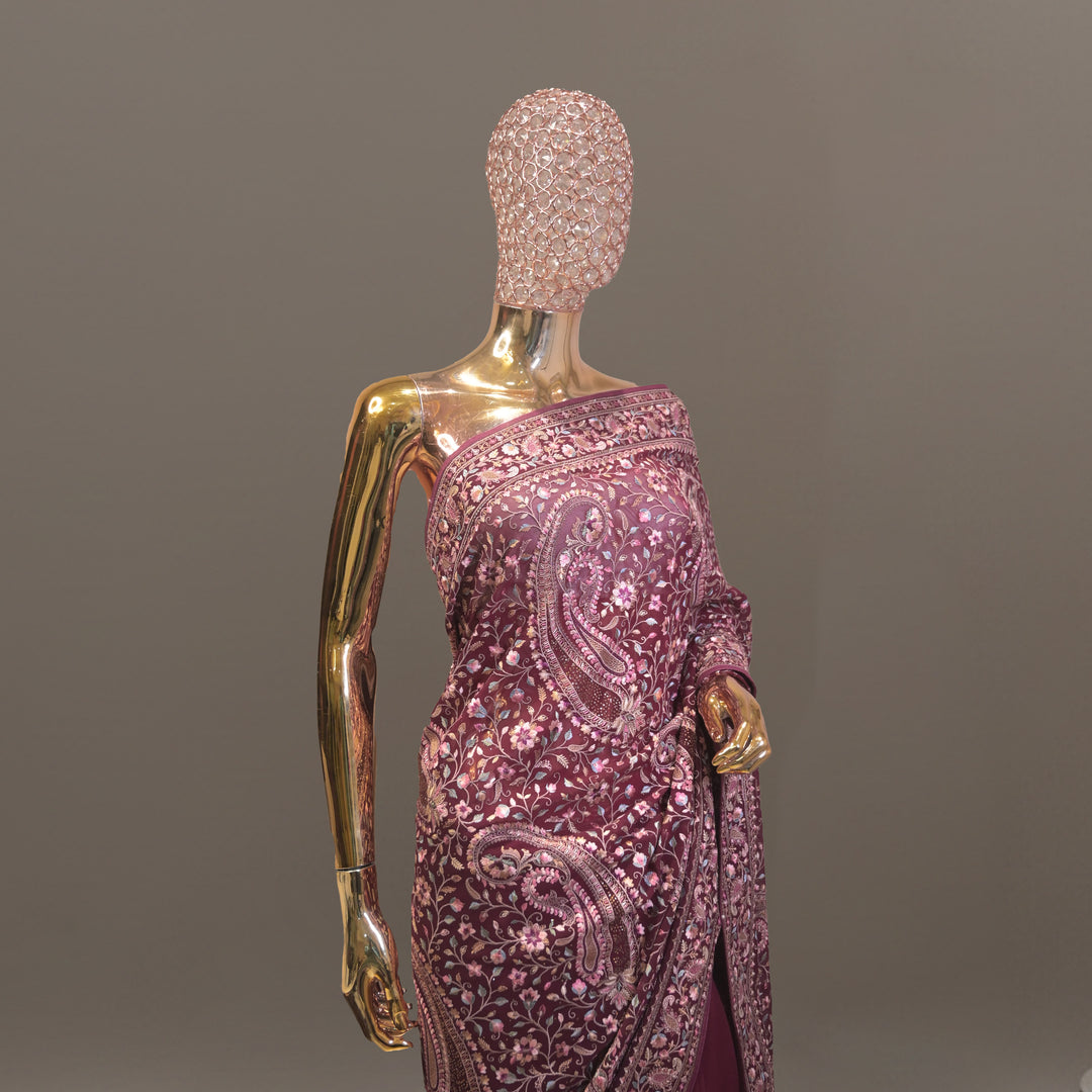 Aaliyah Dark Purple Georgette Kashmiri Saree